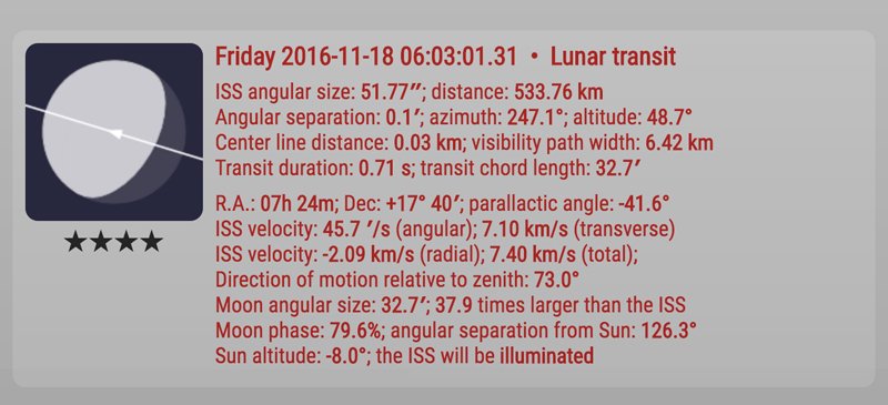 Transit data. Four stars indicate very good viewing quality and close proximity to your location.