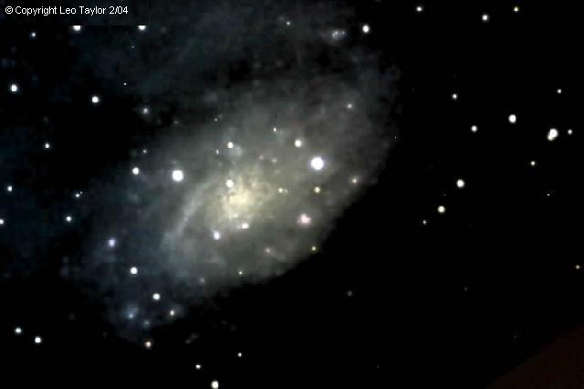Photos taken by Leo Taylor
NGC 2403 in Camelopardalis
Taken by Leo Taylor with his Meade 2080 8 in f/10 SCT, f/6.3 reducer, SBIG ST-7E
Red=1.5 min*11 exp binned, Green=1.5*10, Blue=2.4*10, Lumen=4*33

