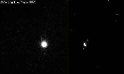 Photos taken by Leo Taylor
Two views of Uranus with moons, taken on Sept 1 and 7, 2001.
Two moons and a bump in the left taken at f/10. Three moons on the right taken at f/5. 
Right photo is heavily processed to show the inner moon, which looks larger than life!
Leo Taylor with his Meade 2080 8 in SCT with SBIG CCD, 15 second exposure for MAG 14+ moons 

