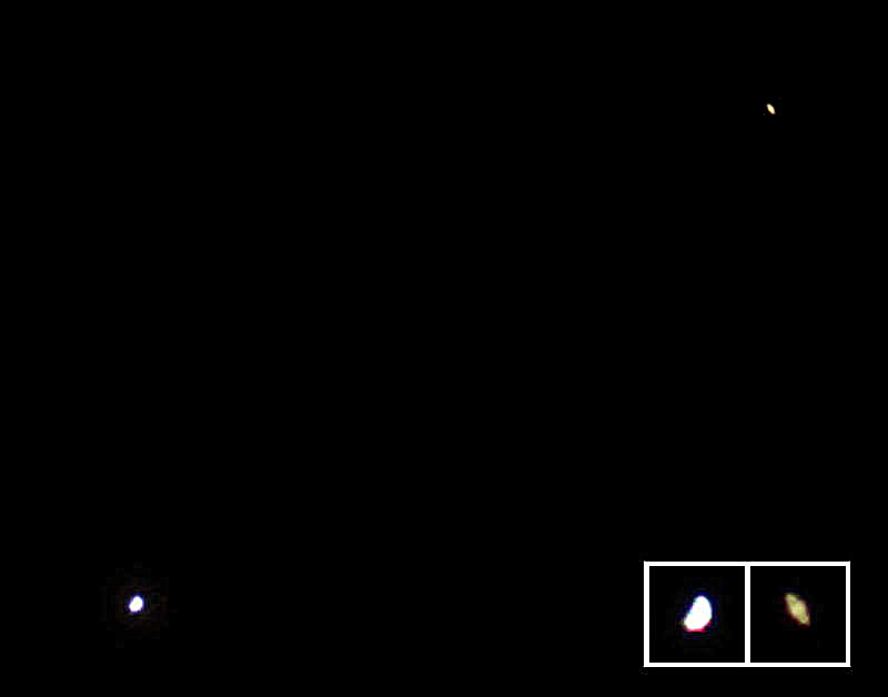 Photo by Leo Taylor
7-1-07 - One day after the Venus-Saturn Conjunction the planets were just 48 
arcminutes apart. Saturn was 10 AU from Earth and 16 arcseconds wide 
thus appears small in this FOV. Stellarvue Nighthawk 80mm, Pentax 
K100D,  single exposure of 1/10th second. Inset is 3x to reveal shape.


