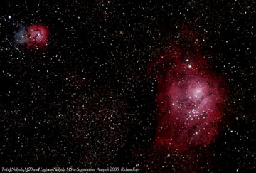 Images taken at Ruben Kier's Hidden Lake Observatory
 M8-20 in Sagittarius
Taken with Takahashi Sky 90 Refractor using the ST10XME Camera, RGB at 33 each. 


