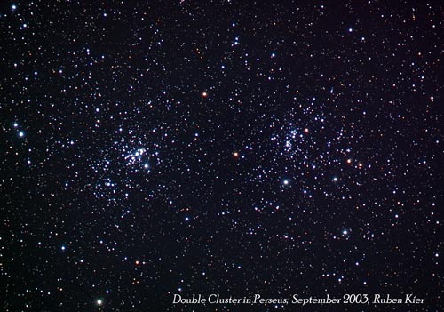 Taken by Ruben Kier with an Astrophysics 4" f6 scope
Double Cluster NGC 869/884 in Persius
SBIG ST-10 camera, 105 exposures of 1 minute each
Red=14,Green=14,Blue=20,Lum=57

