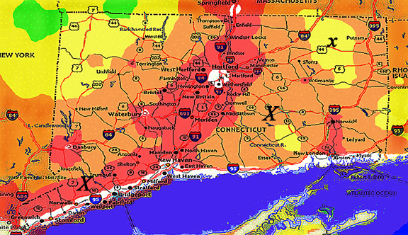 Connecticut Light Polluntion map
This is a test image of the Connecticut Light Pollution map. The white area is very light polluted and the green areas are the most light free areas in our state. Feel free to use this map to coordinate your observing locations. Map designed by Alan Chaniewski. 
