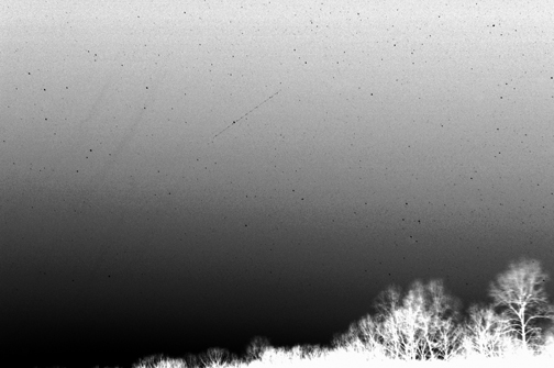 Photo by Alan Chaniewski
McNaught tail synchrones were captured in this inverted
picture taken January 20, 2007 from Marlborough, Ct.
It was taken with a Nikon D100 camera with a 35mm lens at f/3.5 for 30 seconds. Very dim synchrones on left side of the frames about 20 degrees in length. Only 1 was visible to the naked eye, due to the setting moon and Venus.

