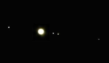 Jupiter with Galilean Moons by Eleanor And�jar.
Celestron C114mm, Nikon CoolPIX 950, 25mm Scopetronics EP
