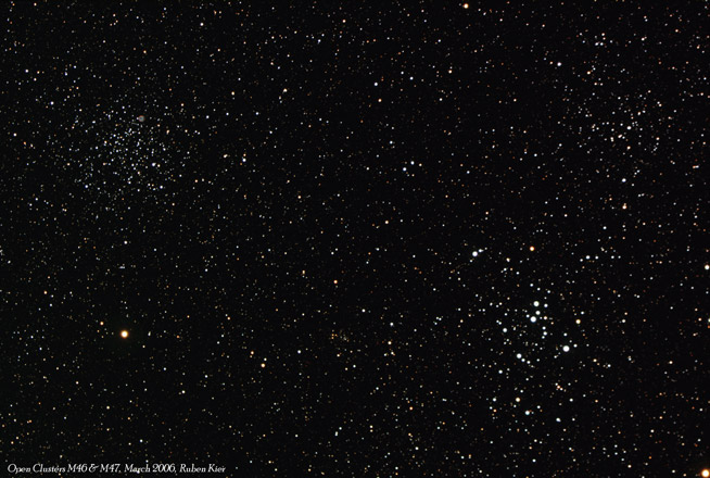 Taken by Ruben Kier
M46 with Planetary Nebula NGC 2438, M47 Open Cluster with NGC 2423 in the upper right, and faint NGC 2425 in the lower center.
Taken by Ruben Kier with a Takahashi Sky 90 with reducer, an ST10XME camera, RGB frames 30 minutes each.


