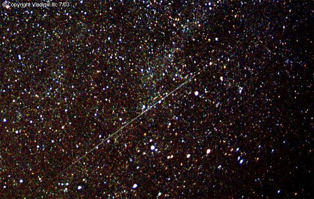 Alpha Capricornid meteor passing throug Cassiopeia by Vladimir Ilic
Pentax ME camera, 24mm f/2 lens, Fuji Superia 400 film, CG-5 mount
15 min exposure, processed with AstroArt 3.0 and Photoshop
