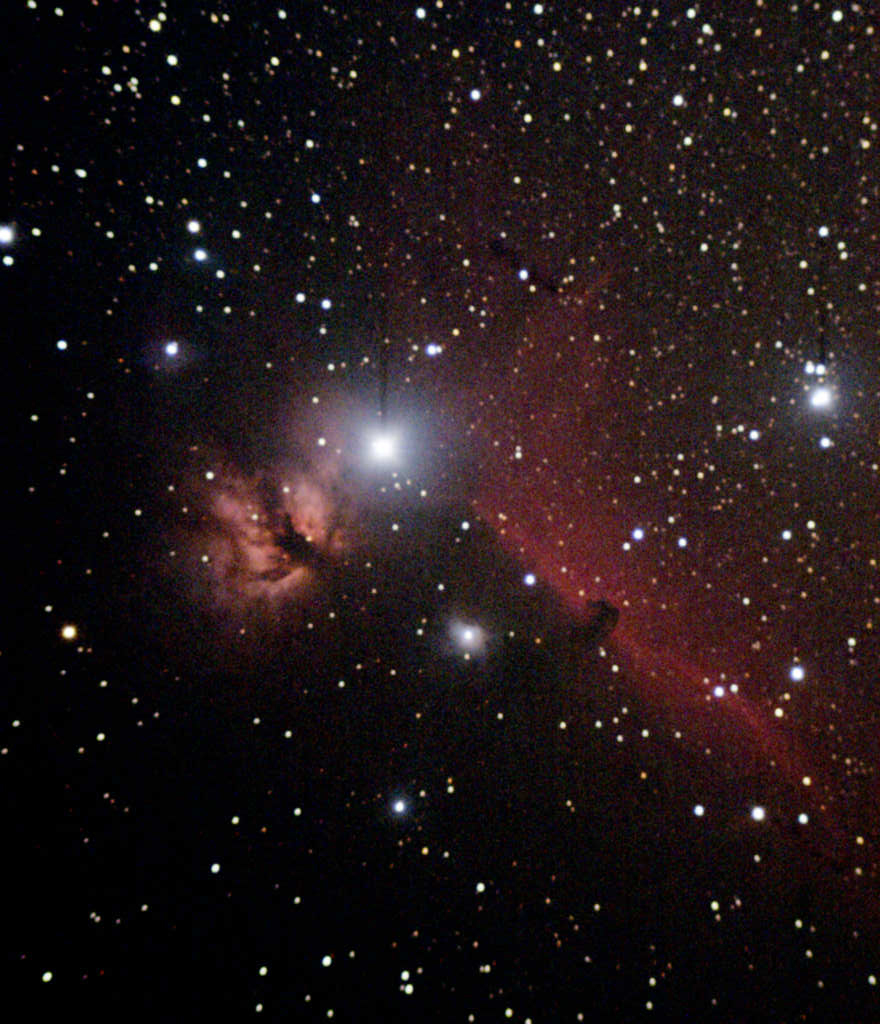 Photo by  Leo Taylor
This photo is of NGC 2024 Flame Nebula, B33 Nebula behind the Horsehead, and NGC 2023 Nebula. Not a great image but the best I've done of that area. The dark sky of Goshen helped considerably. The bright stars Alnitak and Sigma Orion have a dark streak to the right, apparently caused by overloading of the camera. 

Stellarvue Nighthawk, Pentax K110D, 1 minute * 21 frames.

