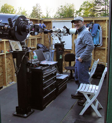 Photo by Leo Taylor
Ruben Keir and his Meade 12 inch and 5.5 inch refractor telescope, at the Hidden Lake Observatory.
