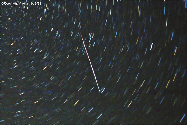 Sporadic meteor in Camelopardis by Vladimir Ilic
Taken 8/24/03 from Mohawk Mountain
Zenit 122K, 24mm F2.8 Lens, tripod, Kodak Max 800, 9 min
