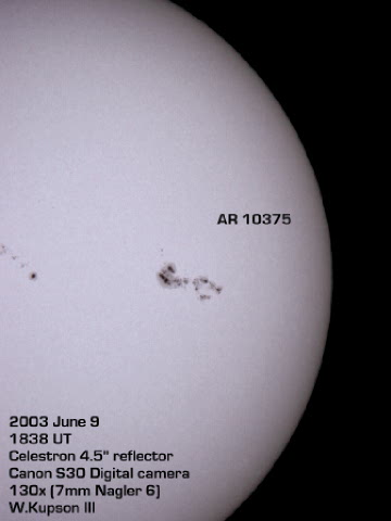 Photo by Walt Kupson
Sunspot AR10375 taken by Walter Kupson
Celestron 4.5" reflector at 130x using 7mm Nagler 6
Canon S30 digital camera

