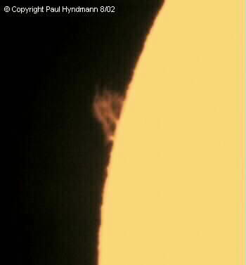 Photo by Paul Hyndman
First Light Sun Prominence by Paul Hyndman
Coronado SolarMax90/T-Max, 30mm blocking filter, and
Nikon CP995 direct-coupled to a 9mm Nagler EP. 

