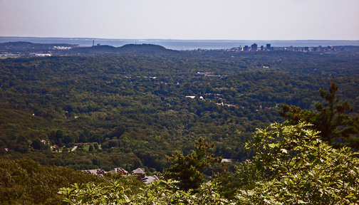 Photo by Richard Gresham
At the ASNH Summer Solstice picnic held at the Sleeping Giant State Park in Hamden, Ct. July 12, 2009,  some attendees hiked a trail to seek a view from the top of Mt. Carmel. It shows a beautiful picture of the New Haven area and Long Island Sound.
